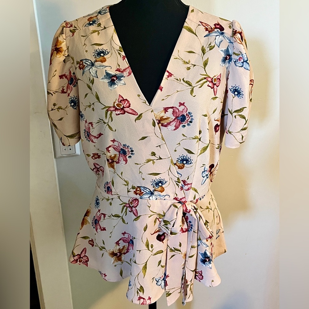 Lily White Floral Faux-wrap Blouse with puff sleeves